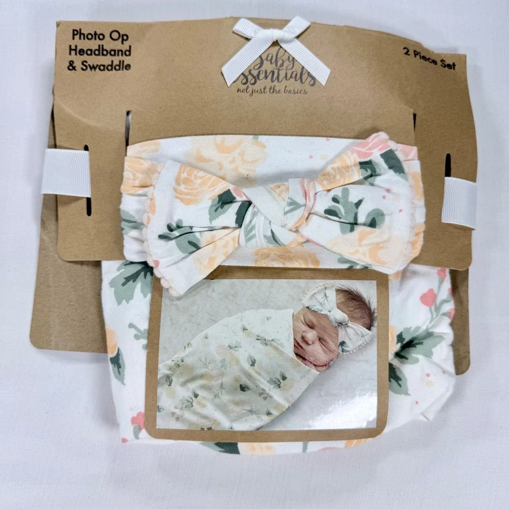 Baby Essentials Floral Swaddle Blanket and Headband Set Peach Yellow 2 Piece